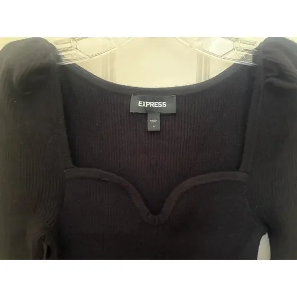 EXPRESS BLACK PUFF SHOULDER LACE PIECED BODY CONTOUR SWEATER DRESS Small - Picture 4 of 8